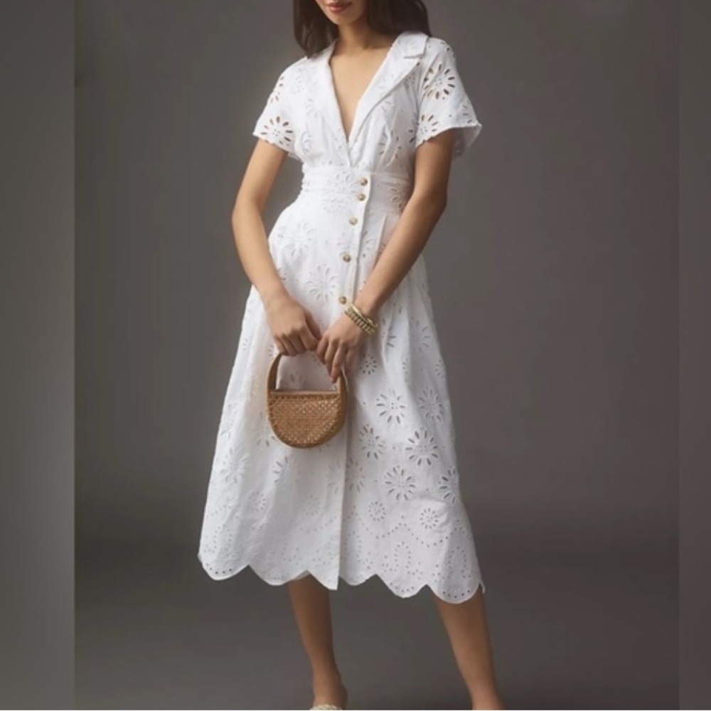 Anthropologie Maeve Eyelet White Cotton Sleeveless Midi Shirt Dress Size Small